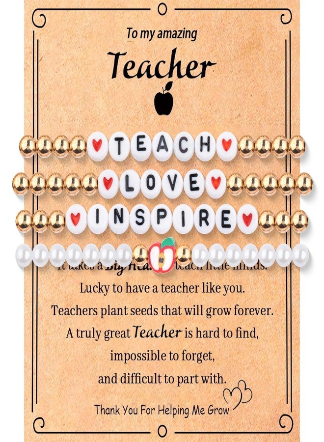 2-4Pcs Teacher Appreciation Gifts for Women Teacher Letter Polymer Clay Bracelets Apple Round Bead Bracelet With Message Card Teachers Day First Day of School/Back To School Graduation Gifts (Gold)